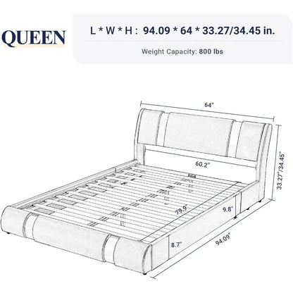 Queen size bed frame with iron sheet decoration, artificial leather cushioned platform bed with adjustable headboard, black
