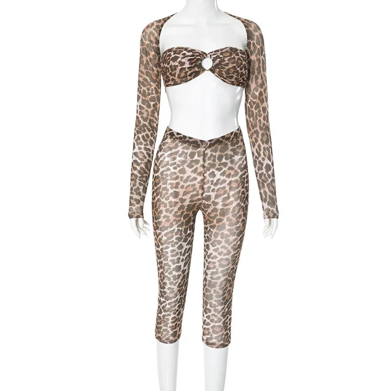 FAGADOER Sexy Mesh See Through Leopard Print Two Piece Sets Women Crop Top + Long Sleeve Coat + Shorts Outfits Female Clubwear