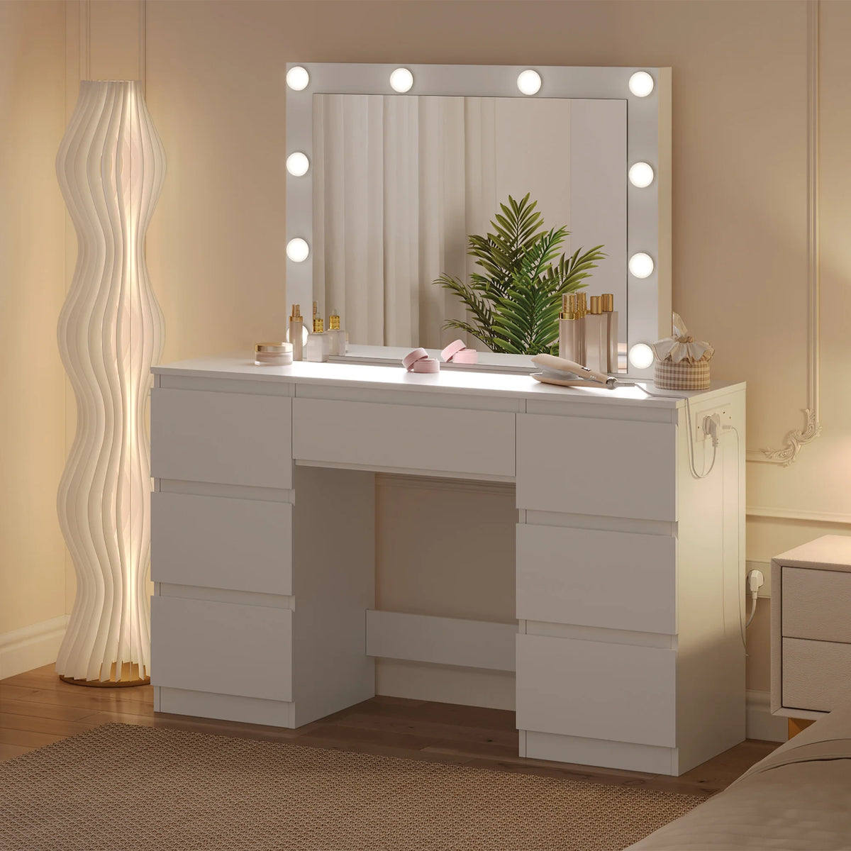 WOLTU White Dressing Table Girls/Women Vanity Dresser with Large Mirror 7 Drawers Makeup Desk with LED Lights Charging Socket