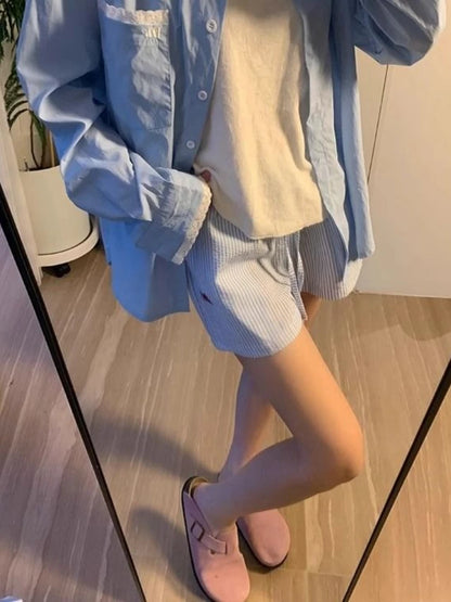 HOUZHOU Blue Striped Letter Embroidery Shorts Women Wide Leg Korean Fashion Short Pants Drawstring Baggy Casual Jorts Summer