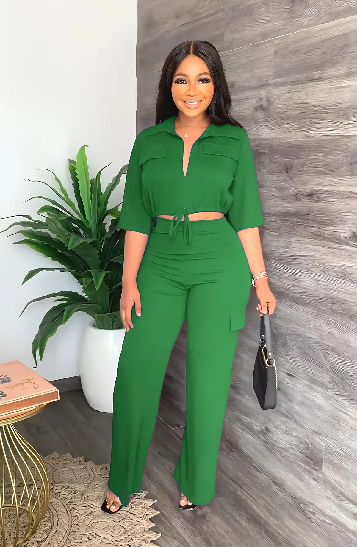 Elegant Office Women Two Piece Sets Autumn V Turn-down Neck Half Sleeve Drawstring Lace Up Short Shirt + Wide Leg Trousers Set