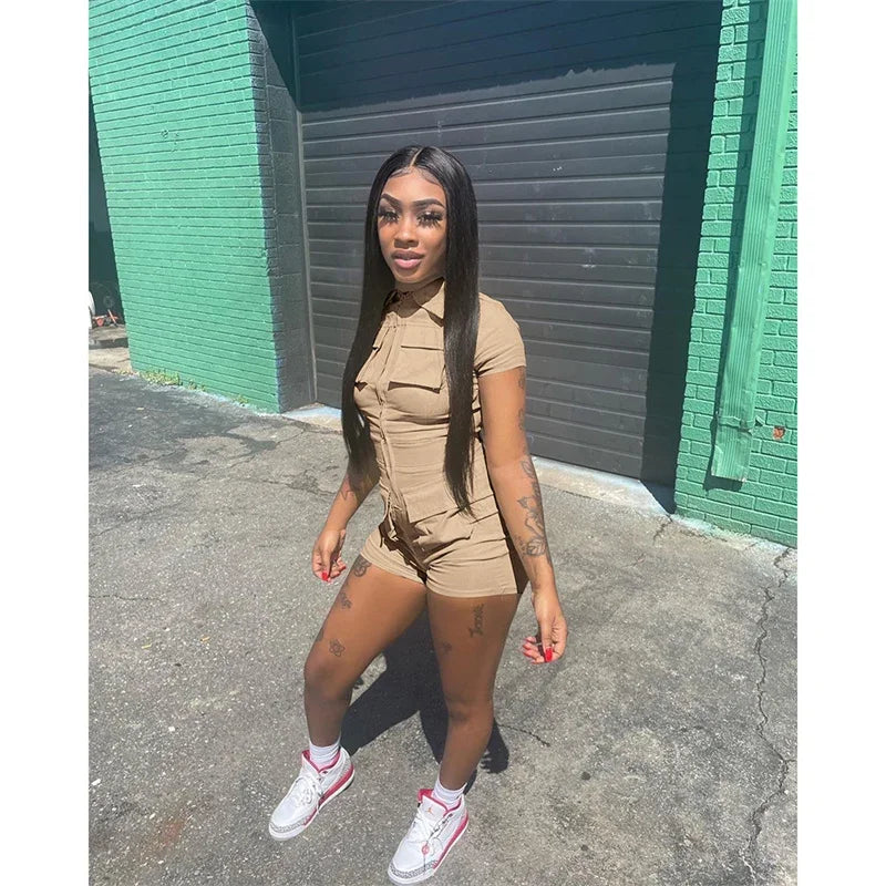 Streetwear Zipper Pockets Shorts Jumpsuit Women Clothing Short Sleeve Skinny Cargo Playsuit Summer Casual One Pieces Romper