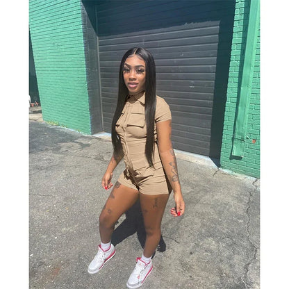 Streetwear Zipper Pockets Shorts Jumpsuit Women Clothing Short Sleeve Skinny Cargo Playsuit Summer Casual One Pieces Romper