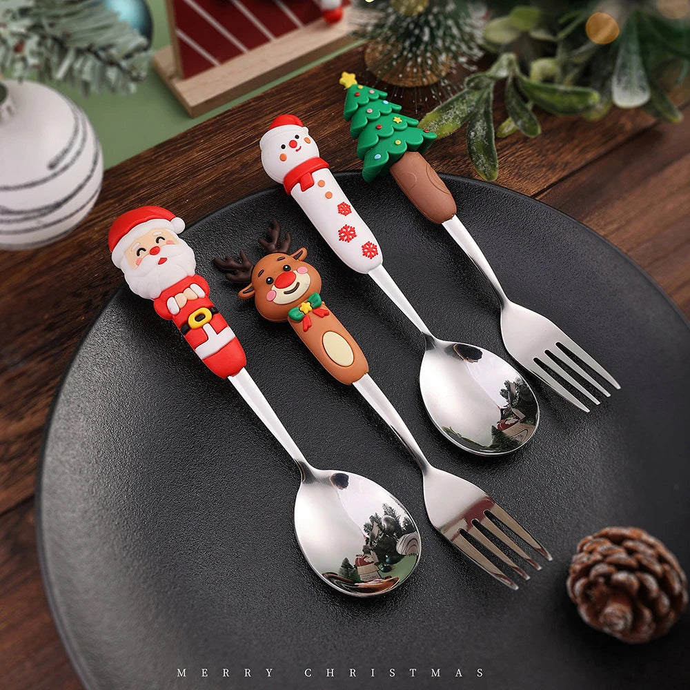 4Pcs Silver Christmas Fork And Spoon Set Stainless Steel Creative Tableware Coffee Tea Dessert Forks And Spoons Gift Set