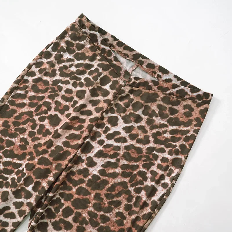 FAGADOER Sexy Mesh See Through Leopard Print Two Piece Sets Women Crop Top + Long Sleeve Coat + Shorts Outfits Female Clubwear