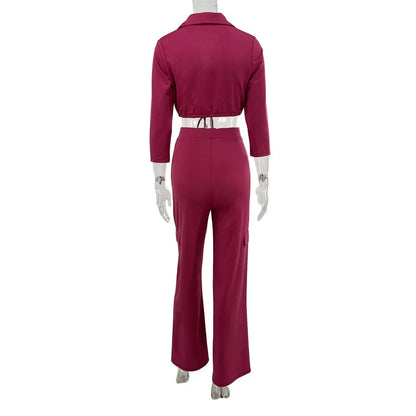 Elegant Office Women Two Piece Sets Autumn V Turn-down Neck Half Sleeve Drawstring Lace Up Short Shirt + Wide Leg Trousers Set