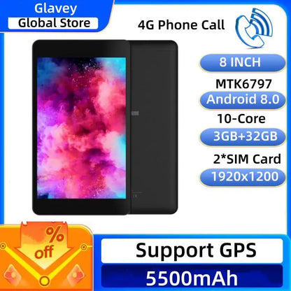 2026 NEW 8" 4G Phone Call Android 8.0 Tablet 3GB RAM 32GB ROM MTK6797 10-Core 1920x1200 Pixels GPS 2*SIM Card 5500mAh