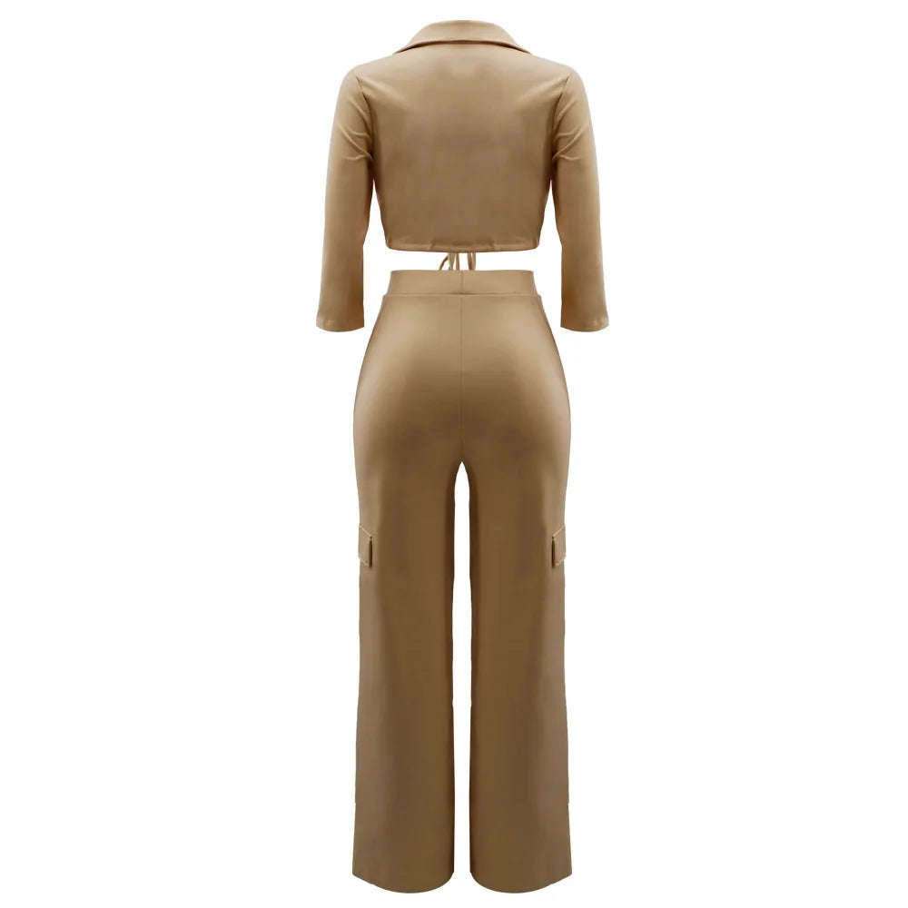 Elegant Office Women Two Piece Sets Autumn V Turn-down Neck Half Sleeve Drawstring Lace Up Short Shirt + Wide Leg Trousers Set