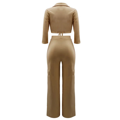 Elegant Office Women Two Piece Sets Autumn V Turn-down Neck Half Sleeve Drawstring Lace Up Short Shirt + Wide Leg Trousers Set