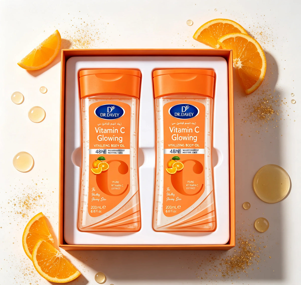 200ml+200ml One Set DR.DAVEY Vitamin C Glowing Vitalizing Body Oil 48H Moisture Citrus Scent USA Warehouse Ready Stock