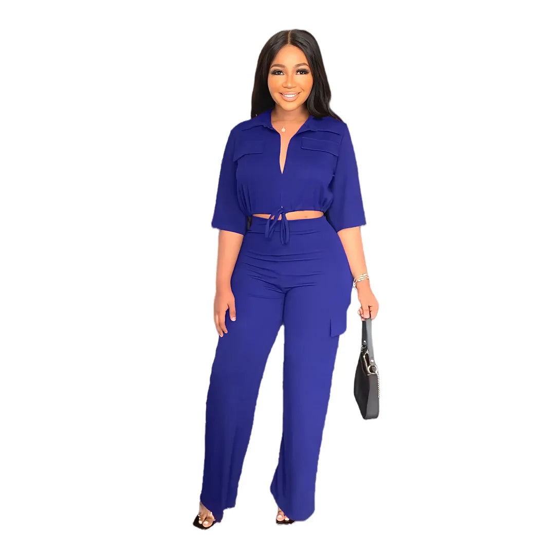 Elegant Office Women Two Piece Sets Autumn V Turn-down Neck Half Sleeve Drawstring Lace Up Short Shirt + Wide Leg Trousers Set