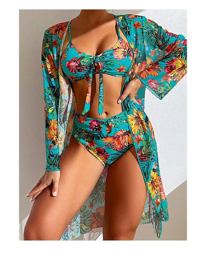 Size S-3XL Bikini Three Pieces Floral Printed Swimsuit Women Bikini Set With Mesh Long-Sleeved Blouse,Bra Top with Pad Swimwear