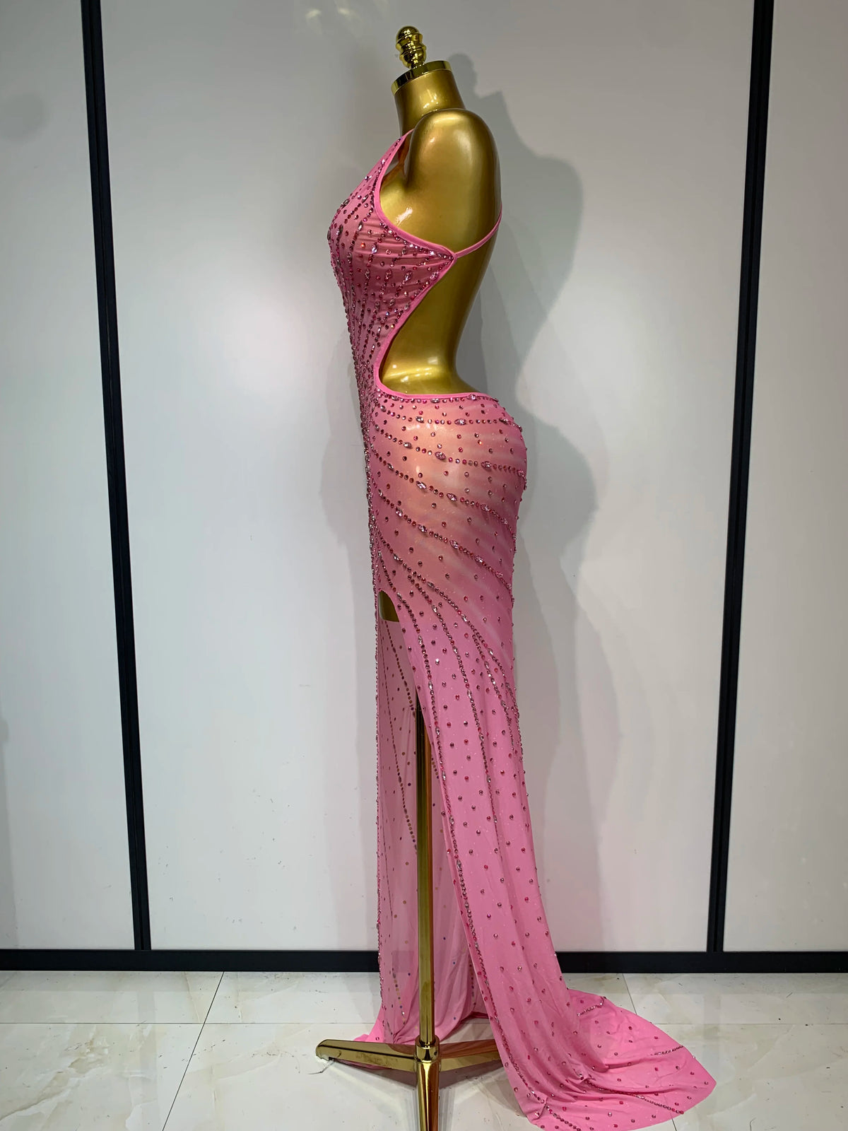 Sparkly Rhinestone Halter Mesh Transparent Dress Birthday Celebrate Evening Party Dress Women Sexy Split Backless Stage Outfit