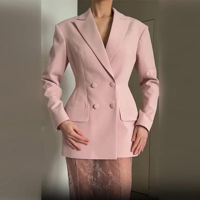 Retro Solid Suit Jacket Lace Skirt Set Women Sexy Waist-cinching Jackets Perspective Long Skirts Sets Lady 2025 Chic Streetwear