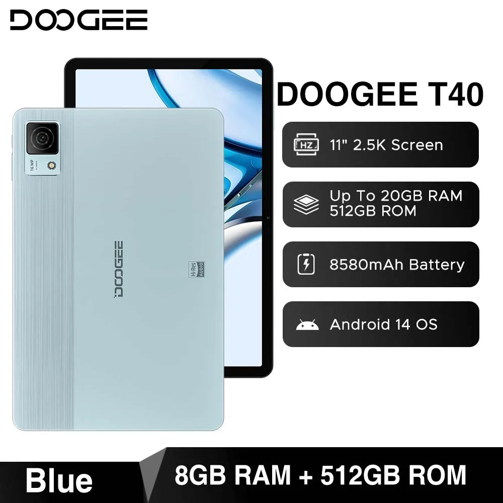 World Premiere DOOGEE T40 Tablet 11" IPS 2.5K Display 8GB 512GB Android 14 Helio G99 8580mAh 18W Charge Hi-Res Quad Speakers