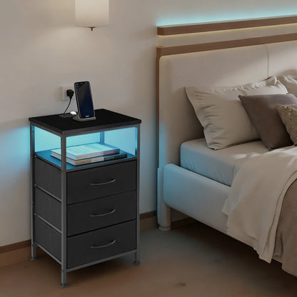 JHK 3 Fabric Drawers Cabinets with Charging Station Bedside End Table with USB/Type-C Ports Outlets Nightstand for Furniture