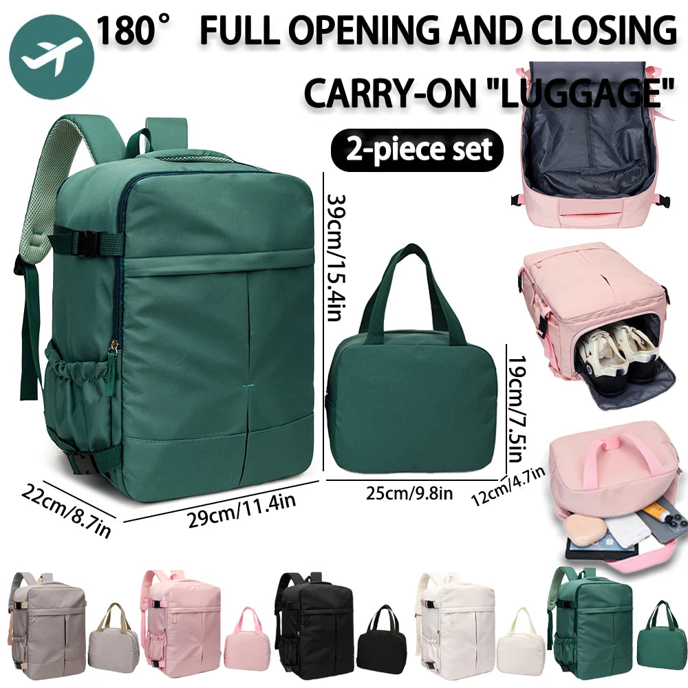 2-Piece 180 °   Full Opening Backpack &amp; Tote Bag Set, Large Capacity Airline Approved Carry-On Luggage for Travel &amp; Daily Use