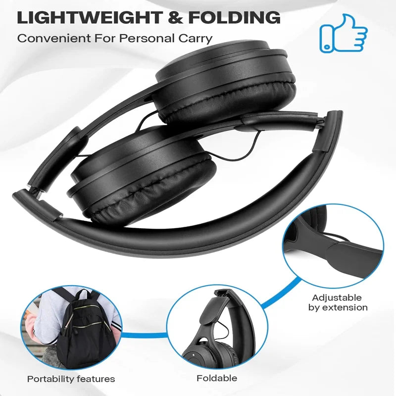 Bluetooth 5.0 Wireless Headphones, Foldable Over-Ear Headset, HiFi Stereo Sound, Soft Skin-Friendly Earmuffs