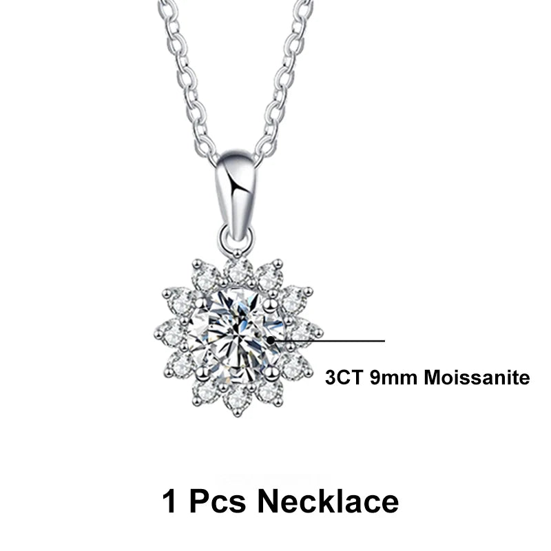 NeeTim 0.5ct 1ct 2ct 3ct Moissanite Jewelry Set 925 Silver with Gold Plated Flower Pendant Necklace Stud Earrings Sets for Women