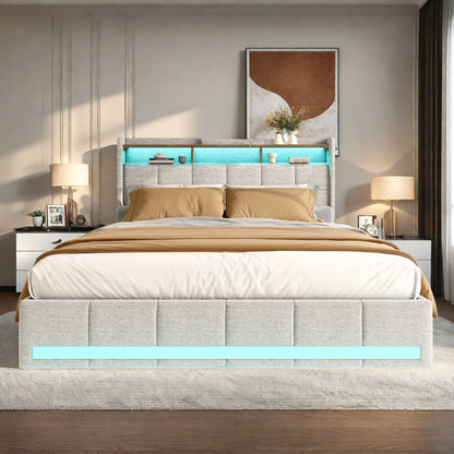 Rosahqnda Upholstered Double Bed 160 x 200 cm, Bed 180 x 200 cm with Storage Box, Storage Bed with 4 Drawers and LED Lighting