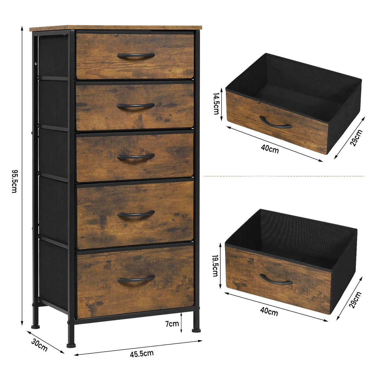 WOLTU Rustic Brown Dresser Storage Unit Chiffonier with 5 Fabric Drawers Wardrobe Living Room Cabinet