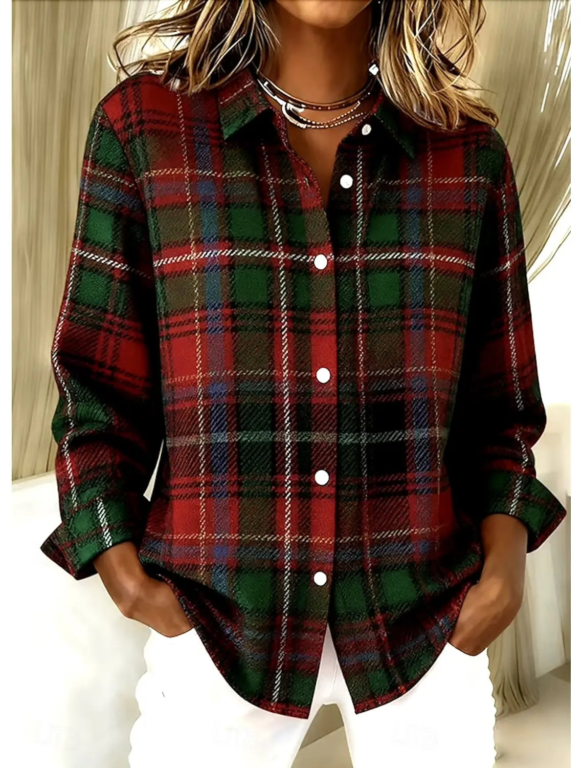 Women's Christmas plaid print shirt, fashionable retro party evening shirt, suitable for daily holiday wear