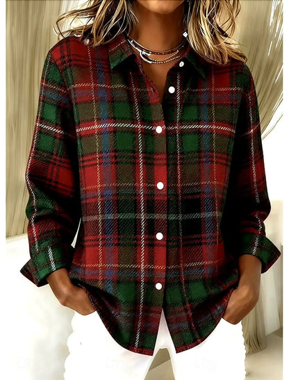 Women's Christmas plaid print shirt, fashionable retro party evening shirt, suitable for daily holiday wear