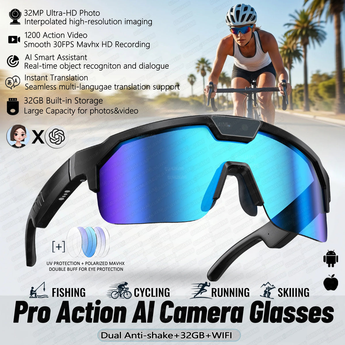 2026 New AI Smart Sports shooting&amp;recording Glasses 800W Camera HD Anti-shake Bicycle Riding Shooting Artifact Windproof Goggles