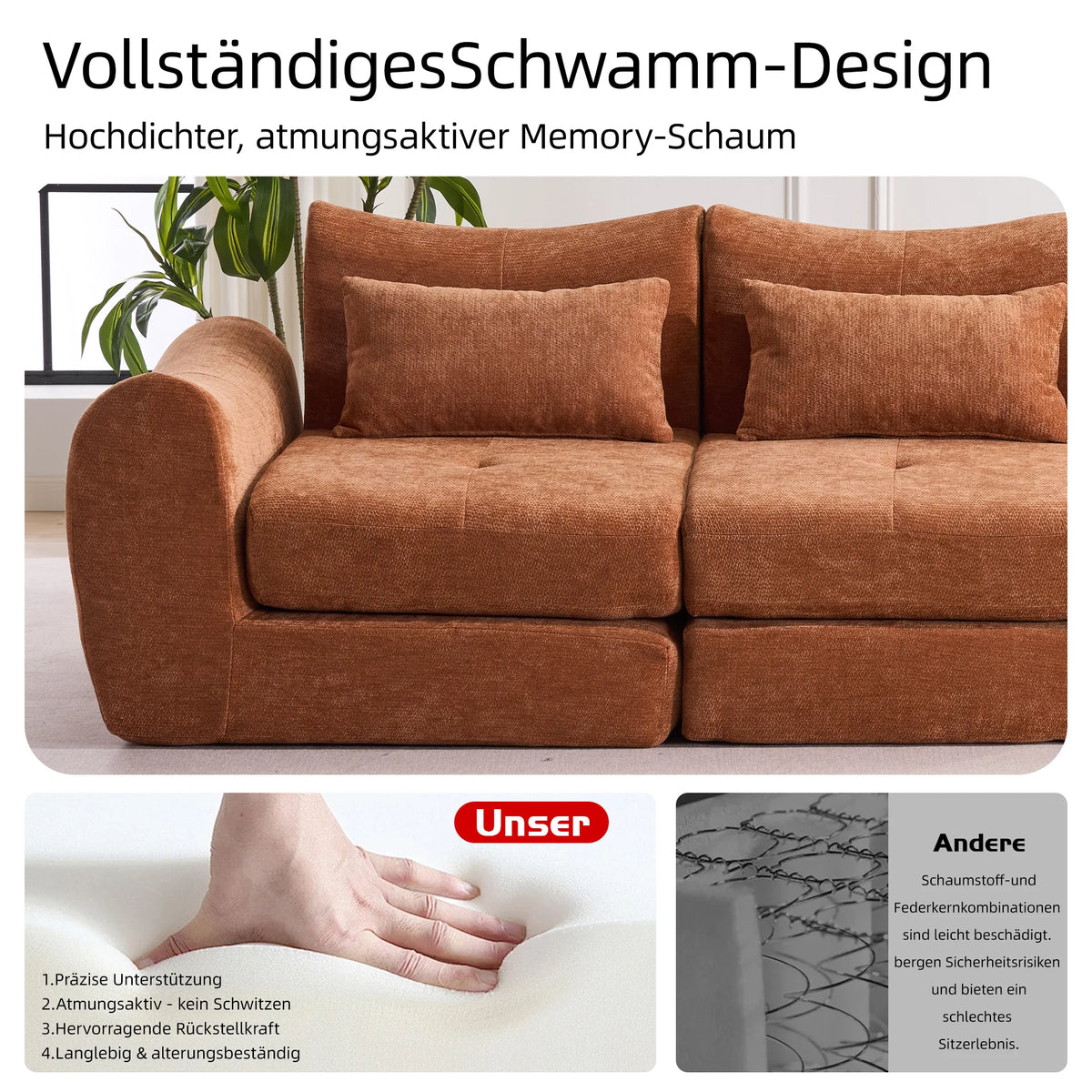 Orange Comfort Compressed Sofa,3 Seats No Assembly Required Sofa Bed,Black Chenille Free Combination For Living Room, Apartment