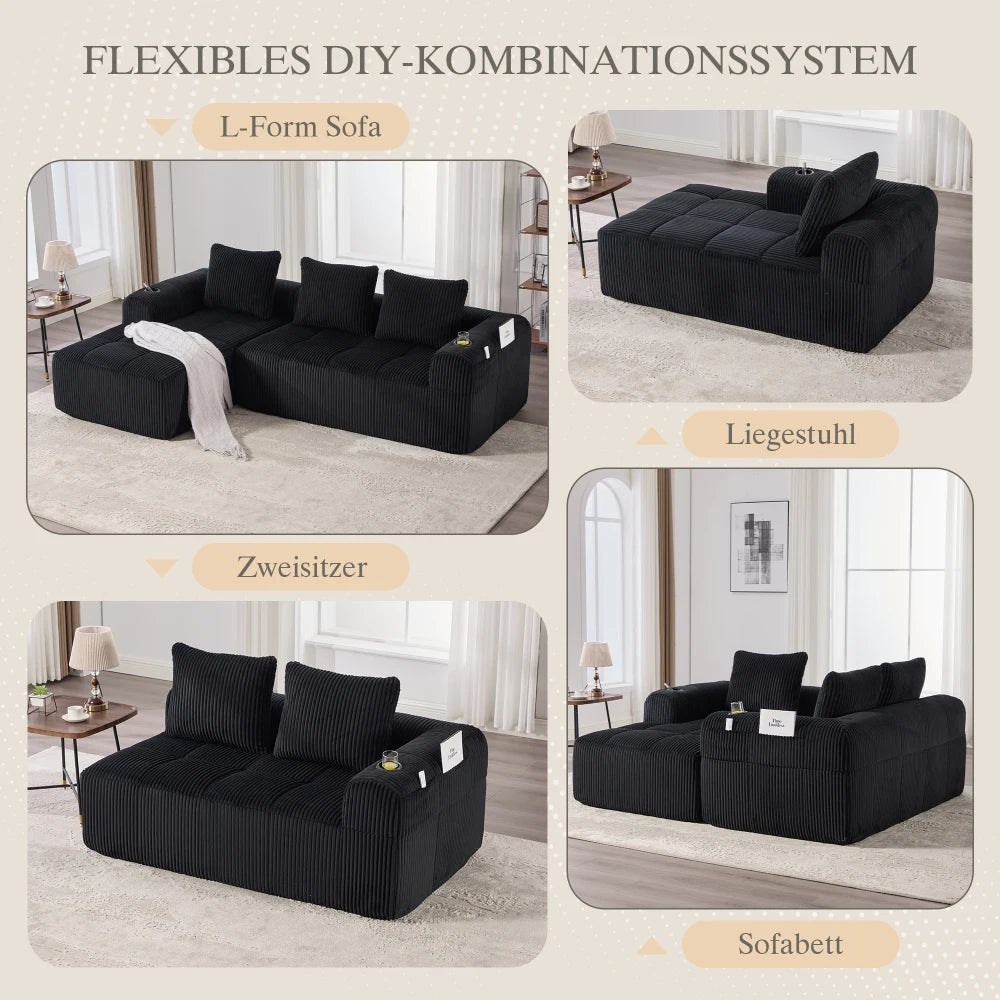 Compact Sofa Soft, Modular Sofa with Side Pocket and Beverage Holder, High Quality Comfort for Long Sitting, Incl. Pillows