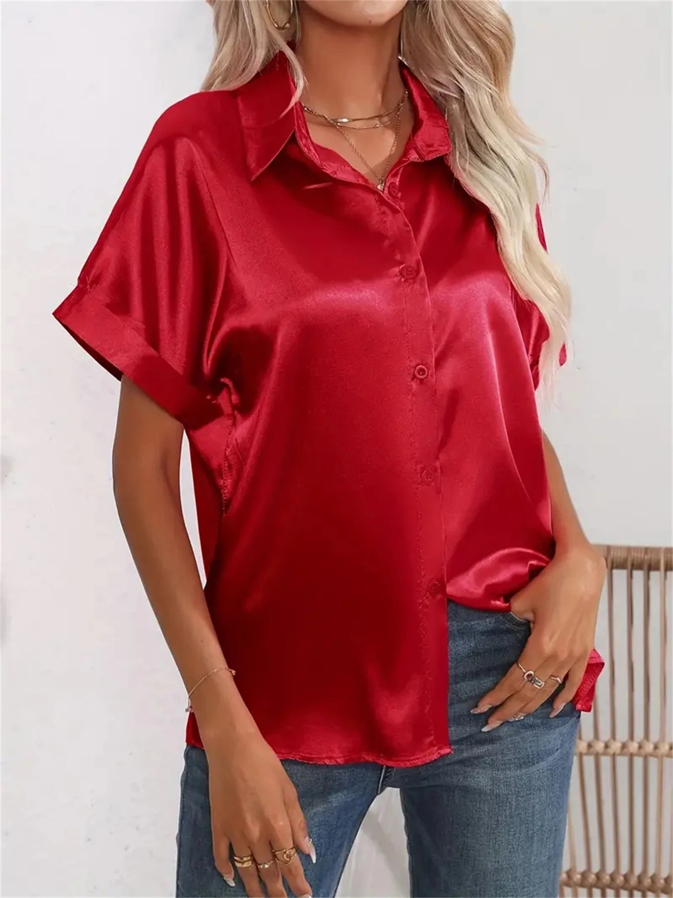Casual Turn-Down Collar Button Front Solid Color Short Sleeved Satin Shirt Women Summer Blouse