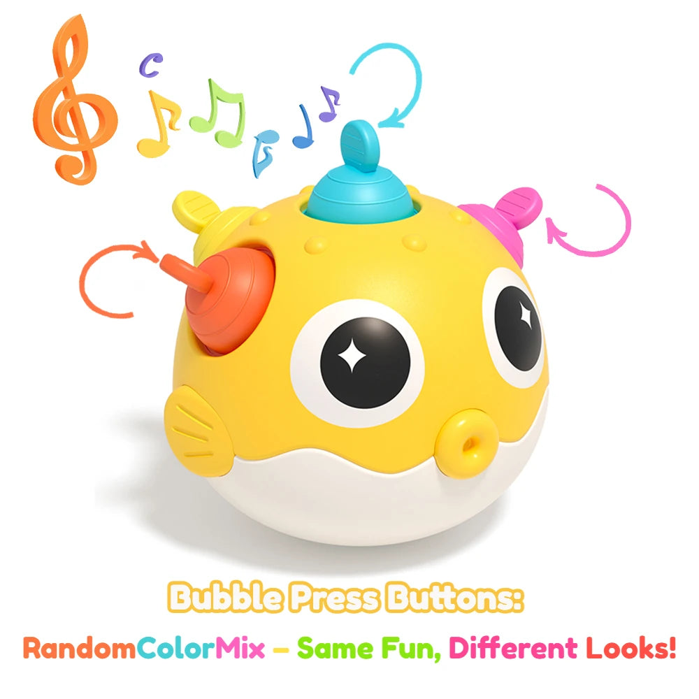 Pufferfish Baby Roly-Poly Rattle Toy with Teether Button, Motor Skills, Hand-Eye Coordination, Early Learning Toy, Newborn Gift
