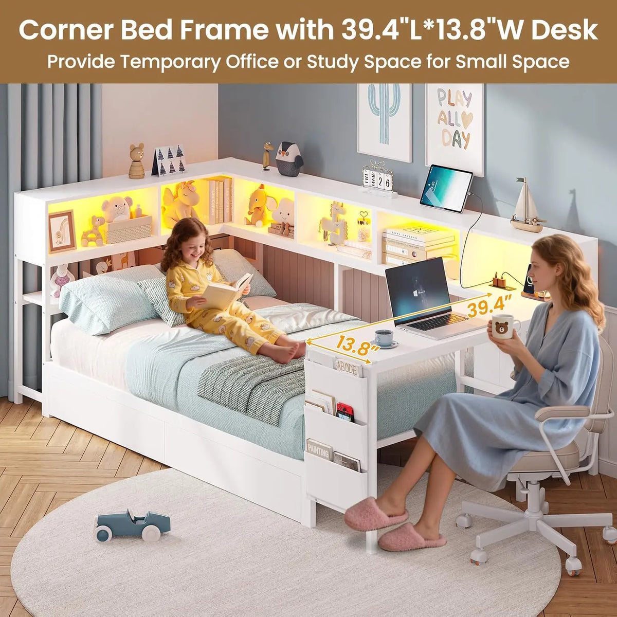Corner Twin Bed Frame With Desk,Charging Station And Bookcase Storage Metal Platform Bed Frame With Storage Drawers And Led Ligh