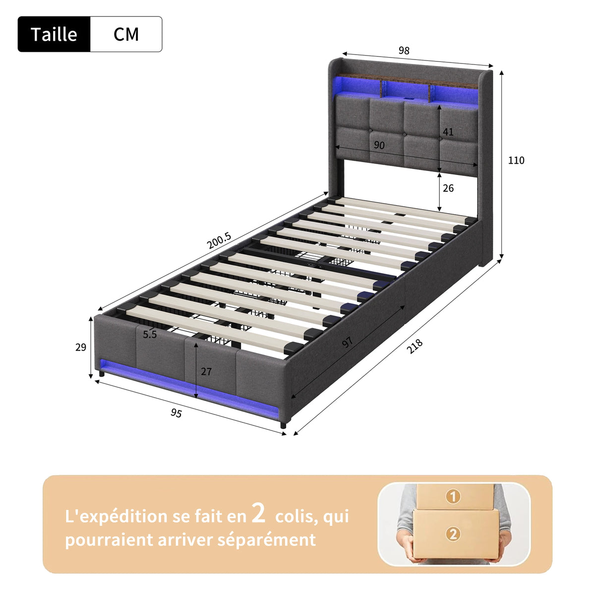 Rosahqnda Upholstered Double Bed 160 x 200 cm, Bed 180 x 200 cm with Storage Box, Storage Bed with 4 Drawers and LED Lighting