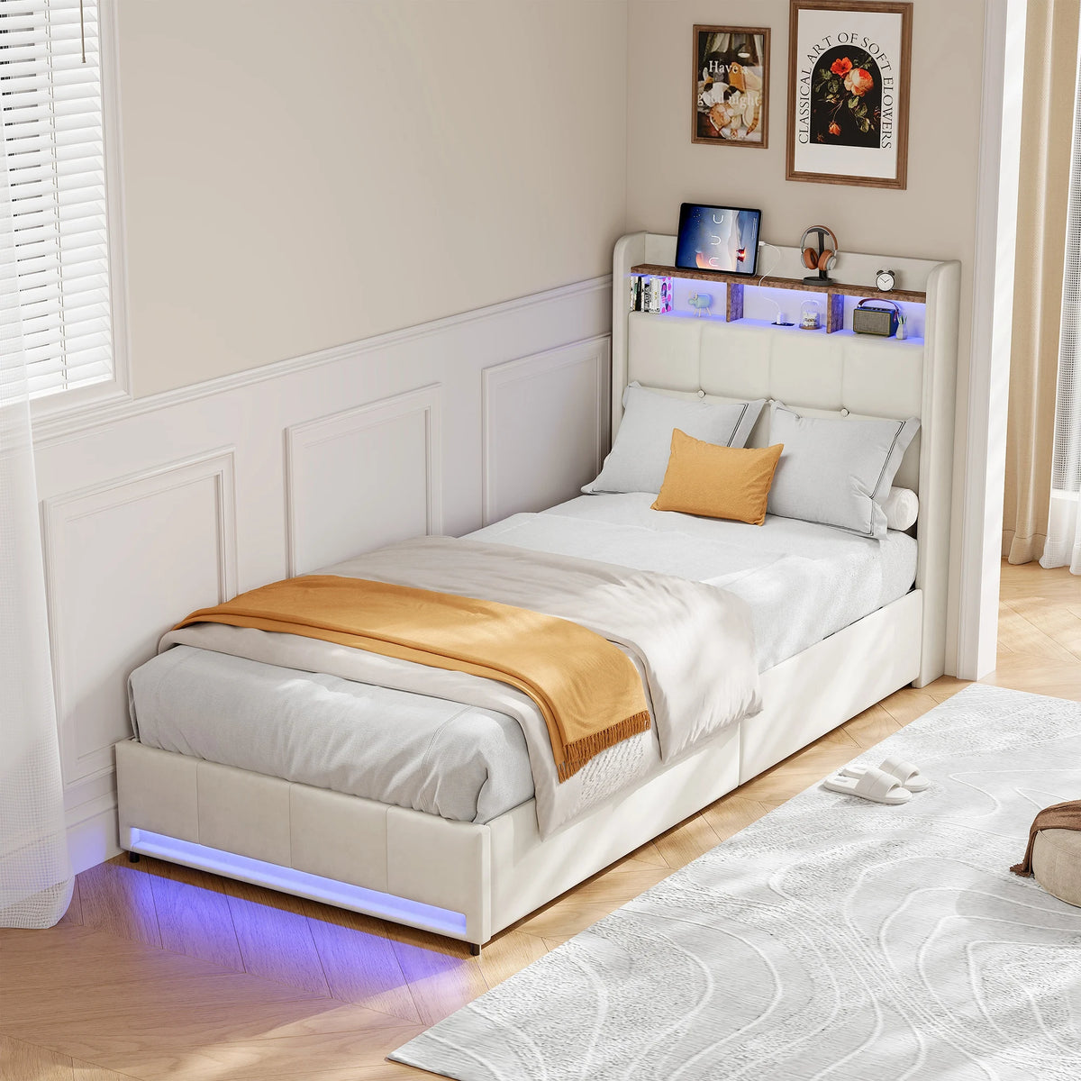 Rosahqnda Upholstered Double Bed 160 x 200 cm, Bed 180 x 200 cm with Storage Box, Storage Bed with 4 Drawers and LED Lighting