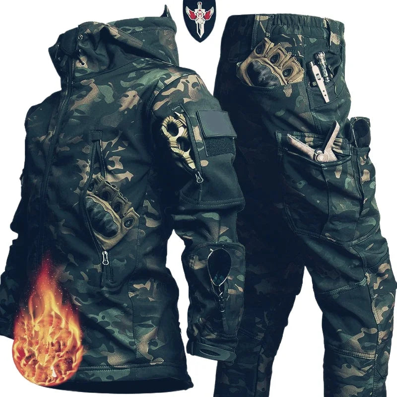 5XL 6XL Winter Waterproof Tactical Jackets Sets Men Outdoor Soft Shell Hiking Hunting Jacket Suit Fleece Cargo Pant Tracksuits