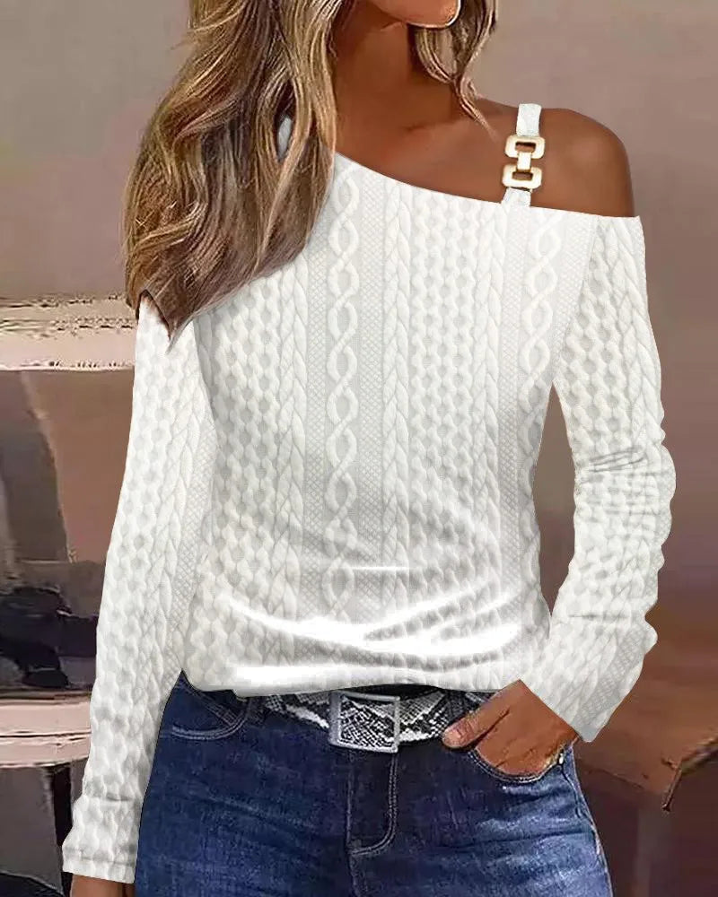 Sexy Elegant Off Shoulder White Lace Women Tops And Blouses 2023 Autumn Long Sleeve Top Femme Print Metal Buckle Office Blouse