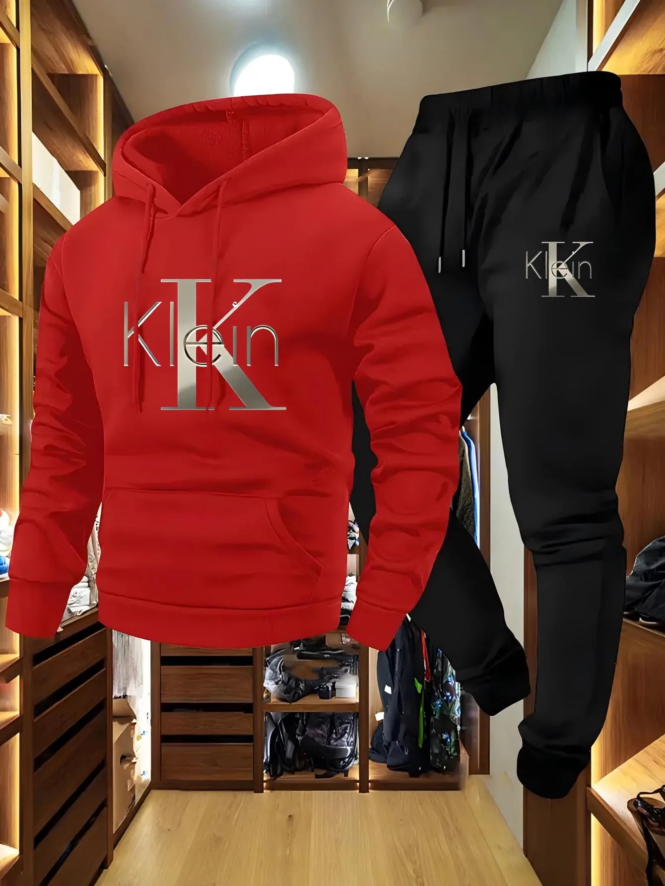 Men's Casual Two-Piece Set Autumn Winter Pattern Hoodie Sweatshirt & Long Pants Outdoor Sports Suit with Pockets Regular Fit