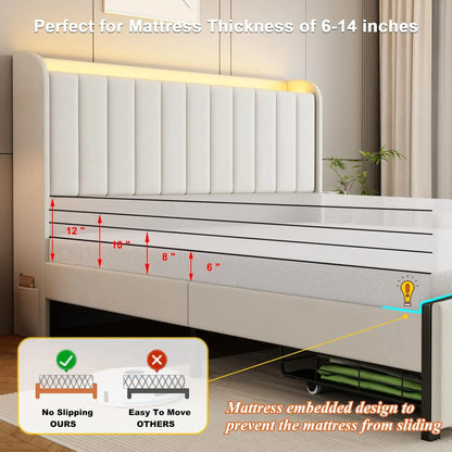 Full Size Bed Frames with Storage Headboard and 2 Drawers, Upholstered Platform Bed Frame Full with Led Lights and, Customized