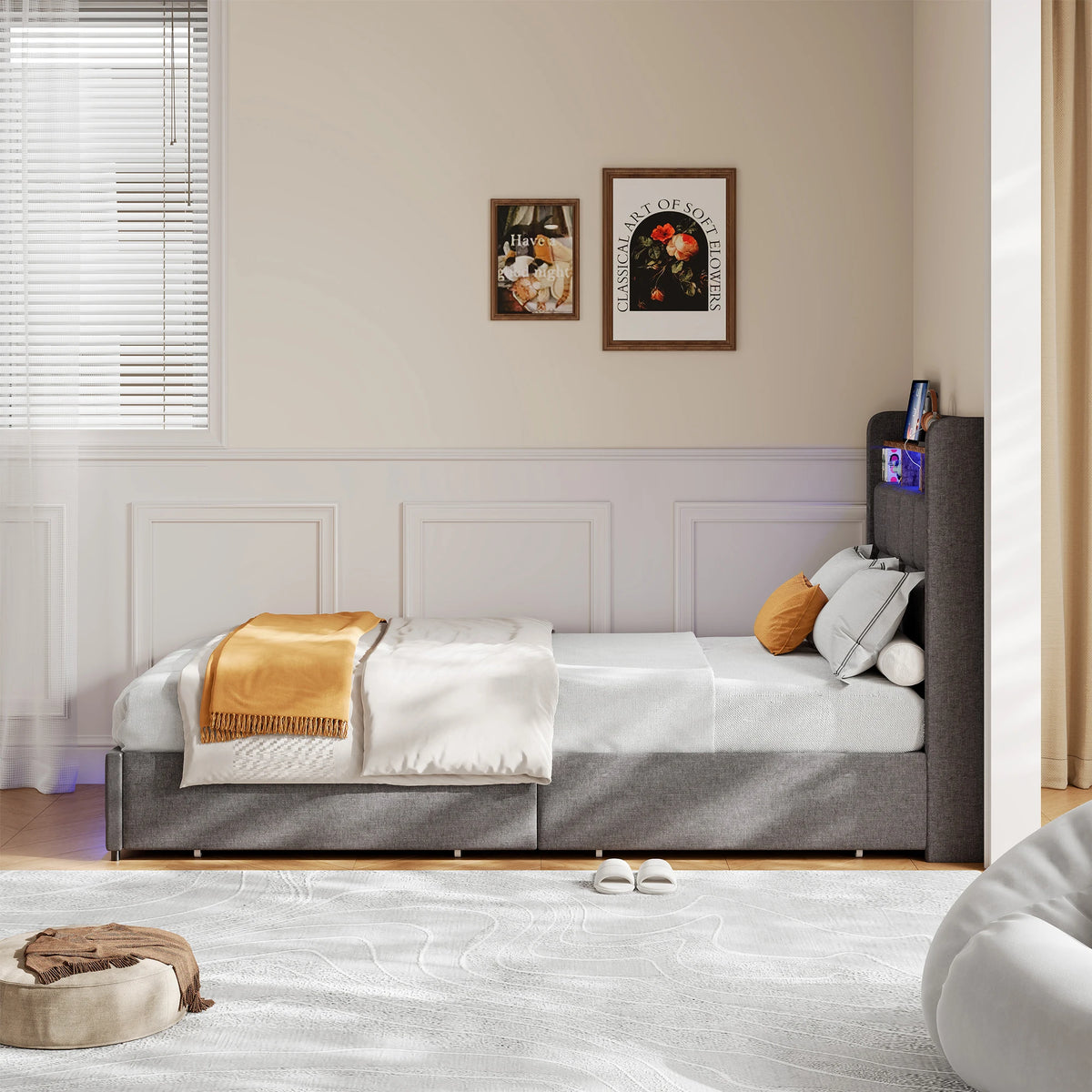 Rosahqnda Upholstered Double Bed 160 x 200 cm, Bed 180 x 200 cm with Storage Box, Storage Bed with 4 Drawers and LED Lighting