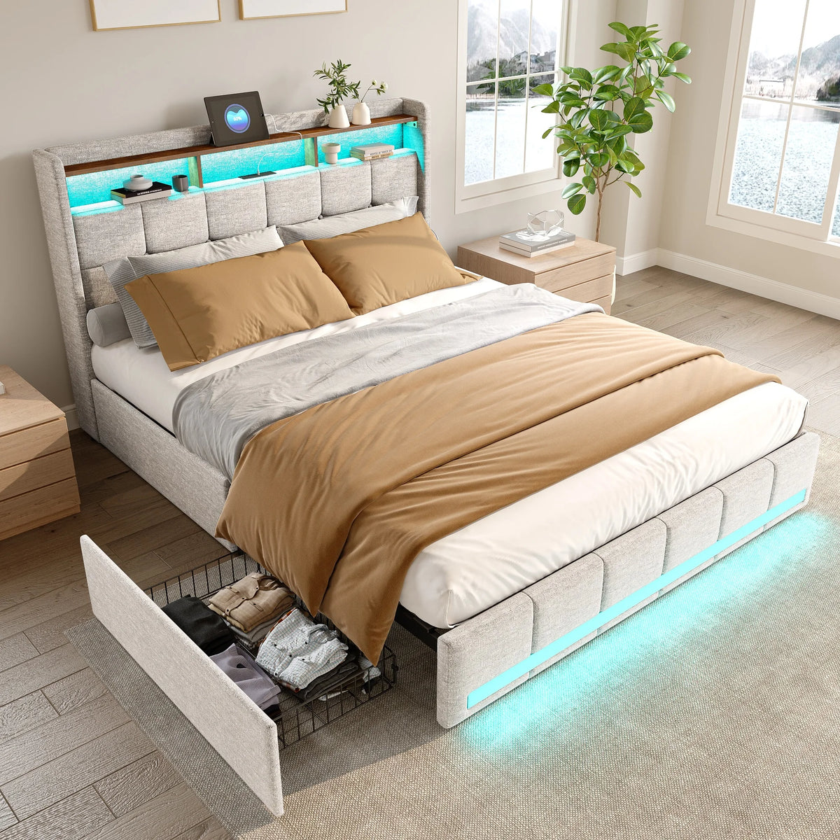 Rosahqnda Upholstered Double Bed 160 x 200 cm, Bed 180 x 200 cm with Storage Box, Storage Bed with 4 Drawers and LED Lighting