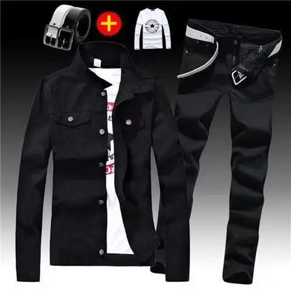 Spring Autumn Mens Denim Jacket + Jeans Pants Set Fashion Letters Printed Coat Trousers Two Piece Denim suit