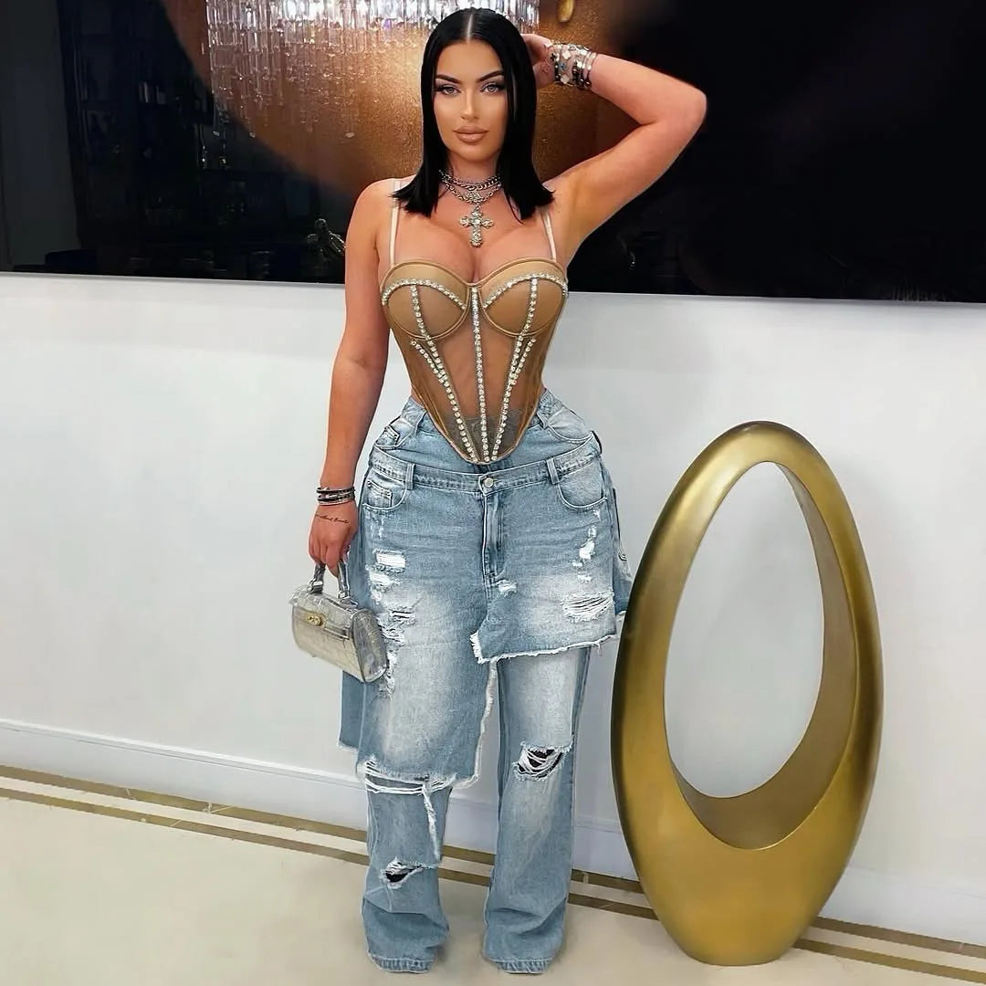 Streetwear Wide Leg Jeans Cargo Pants Sexy Women High Waist Elegant High Street Denim Loose Trousers