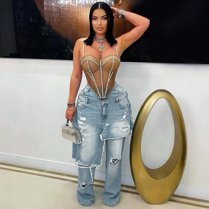 Streetwear Wide Leg Jeans Cargo Pants Sexy Women High Waist Elegant High Street Denim Loose Trousers