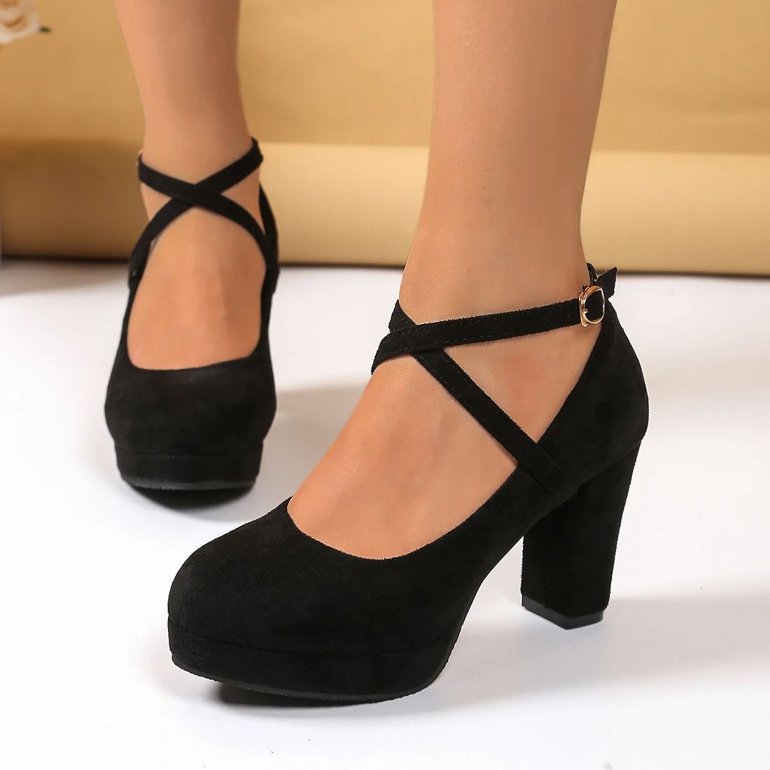 Women Shoes on Heels Women Platform Pumps Spring Summer Shallow Cross Strap Buckle Shoes Round Toe Shoes for Women High Heels
