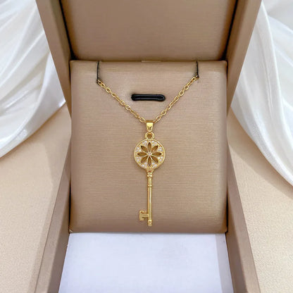 Temperament Retro Zircon Flower Key Pendant Necklace for Women Creativity Gold Color Stainless Steel Collarbone Chain Jewelry