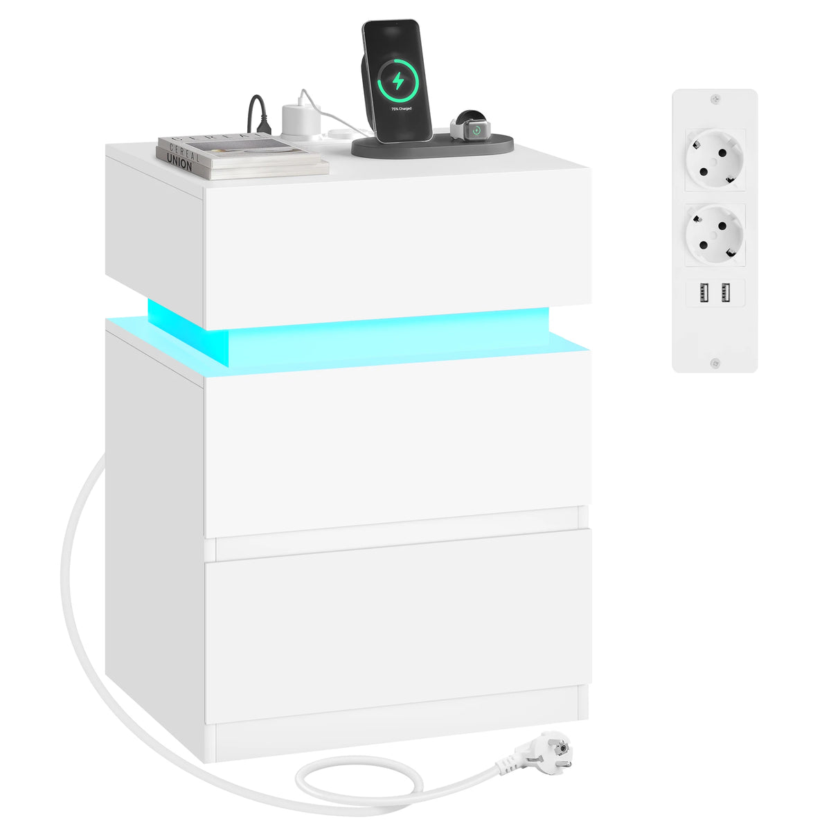 WOLTU Nightstand White/Black Bedside Table with LED Lighting 2 Drawers USB Charging Function Narrow Sofa Table