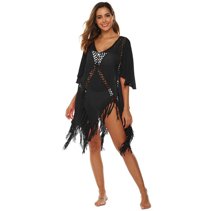 CROCHET-Backless Beach Dress with Tassels for Women, Sexy V-neck Halter, Bathing Suit, Beachwear, Summer