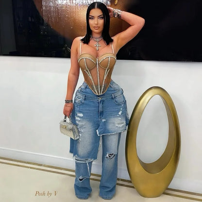Streetwear Wide Leg Jeans Cargo Pants Sexy Women High Waist Elegant High Street Denim Loose Trousers