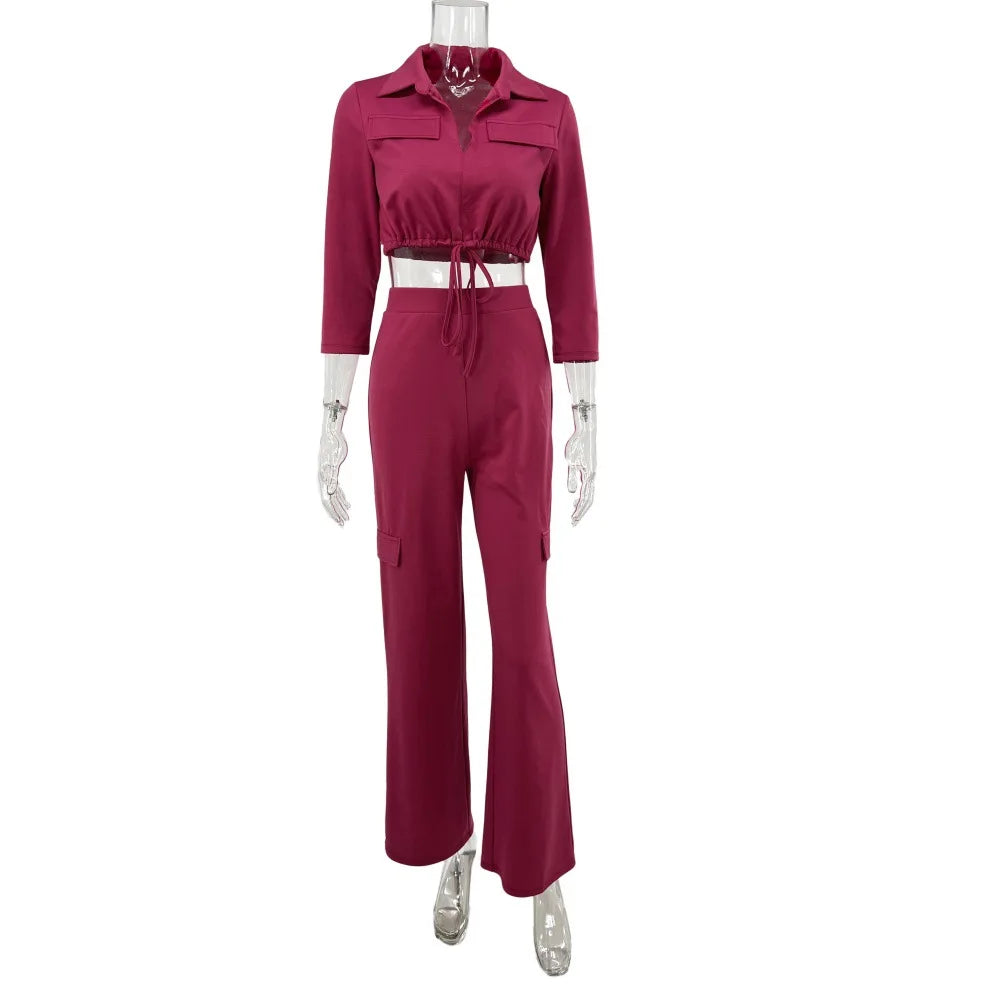 Elegant Office Women Two Piece Sets Autumn V Turn-down Neck Half Sleeve Drawstring Lace Up Short Shirt + Wide Leg Trousers Set